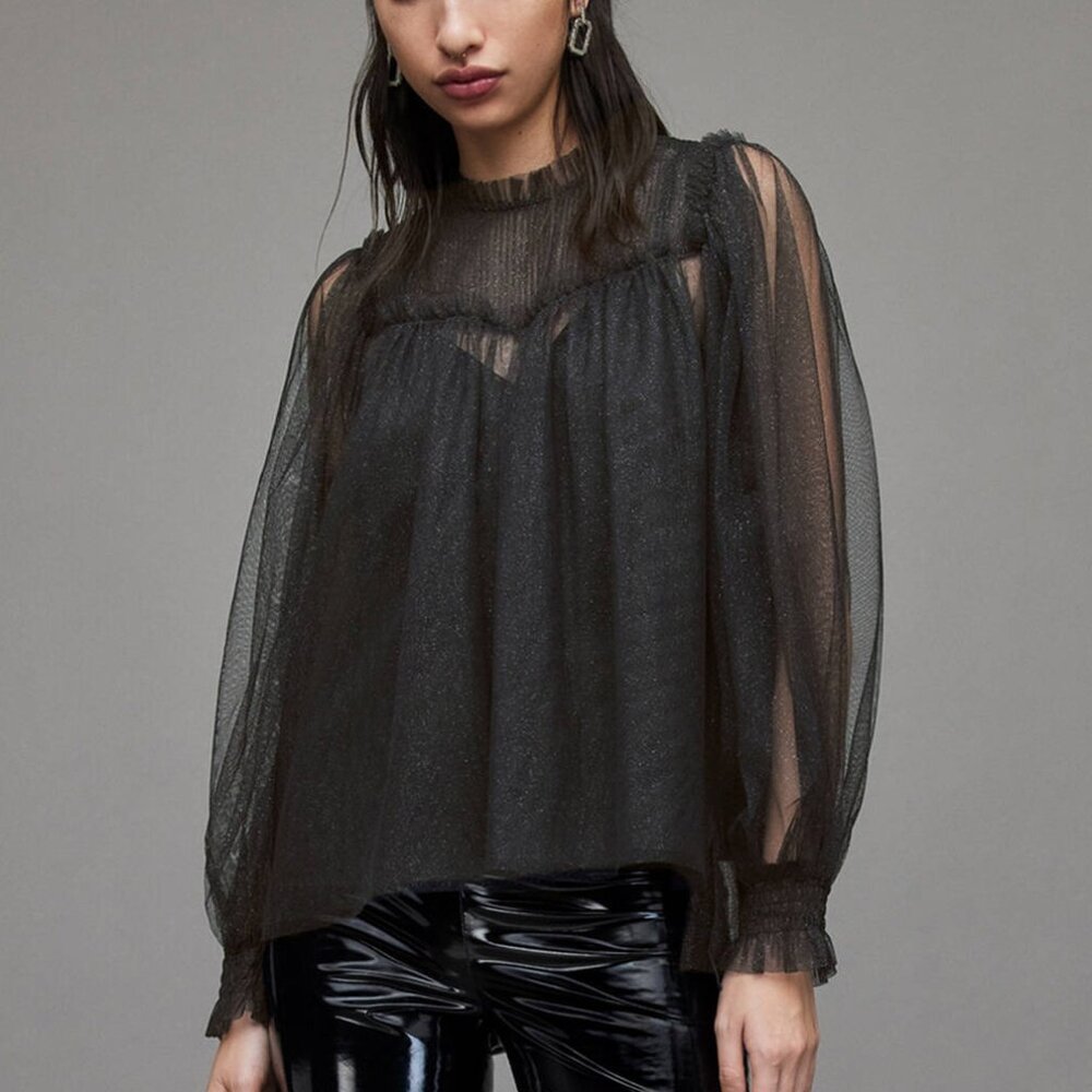 All Saints Black Sheer Mesh Puff Sleeve Blouse